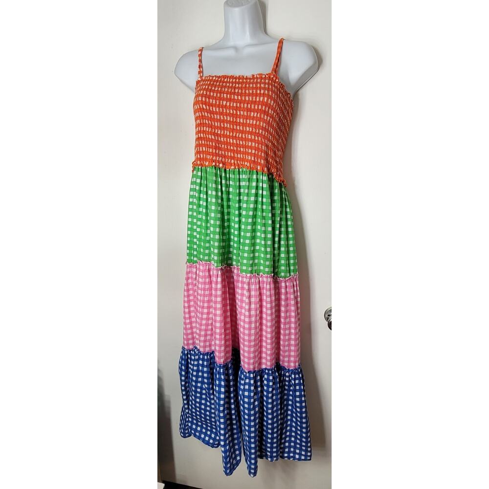 Mary Marshmallow Tiered Checkered Cotton Poppy Long Dress Size S